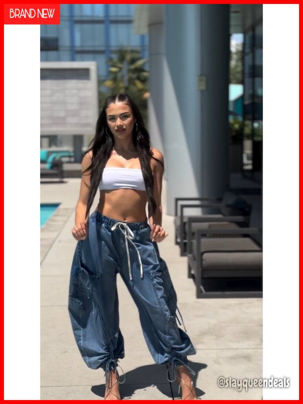 High Waisted Baggy Cargo Jogger Jeans Wide Leg Drawstring Pockets Loose Harem - Picture 7 of 7